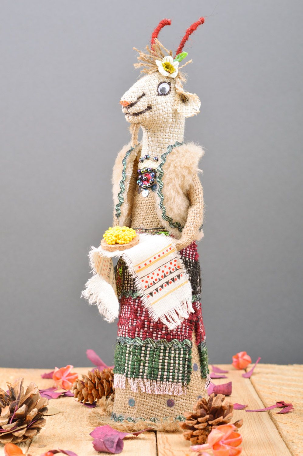 Handmade bottle cozy sewn of burlap Goat with Loaf on embroidered towel photo 3