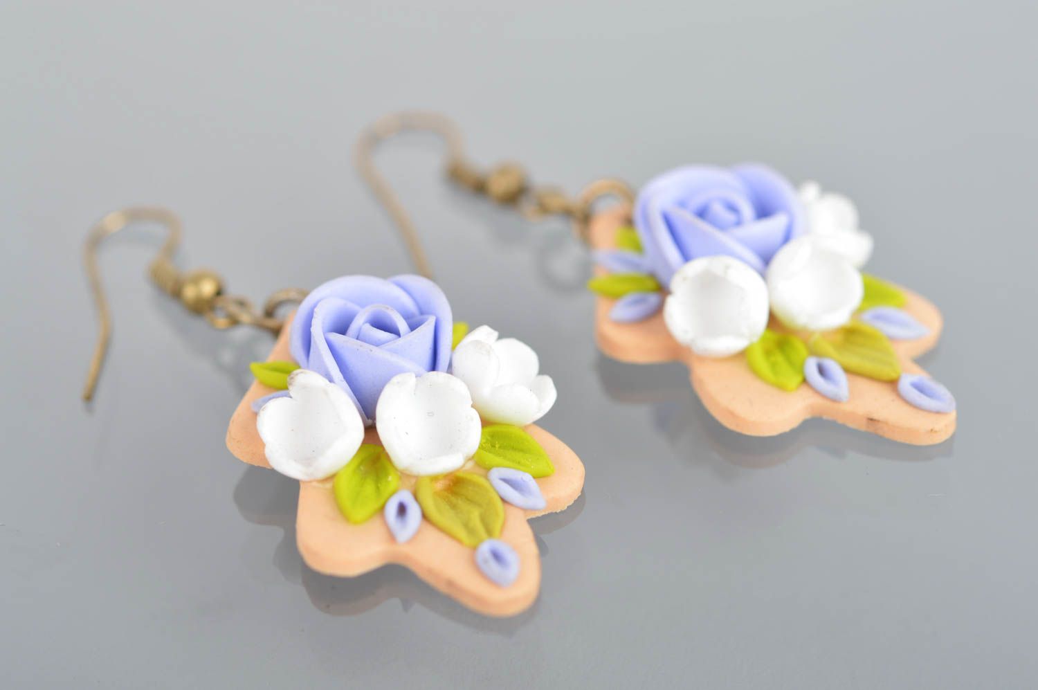 Polymer clay handmade beautiful earrings with flower charms long accessory photo 2