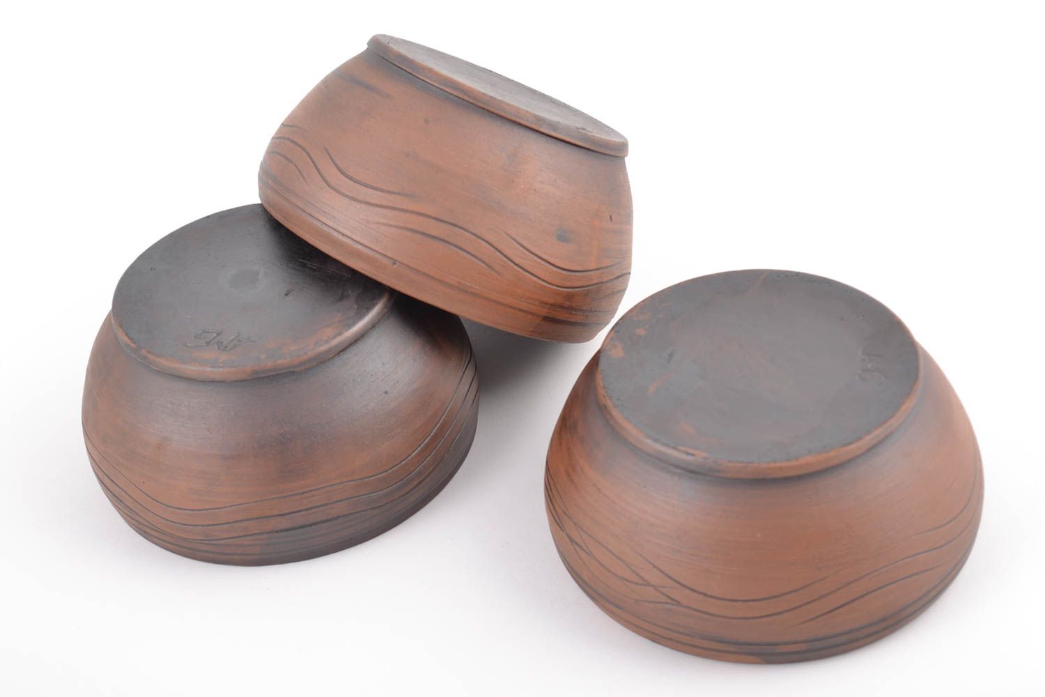 Set of 3 dark brown ceramic bowls kilned with milk 400 ml for table setting photo 5