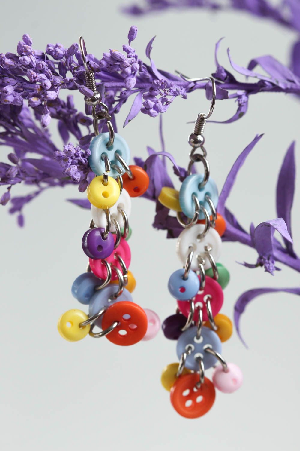 Bright handmade dangle earrings metal earrings with plastic buttons small gifts photo 1