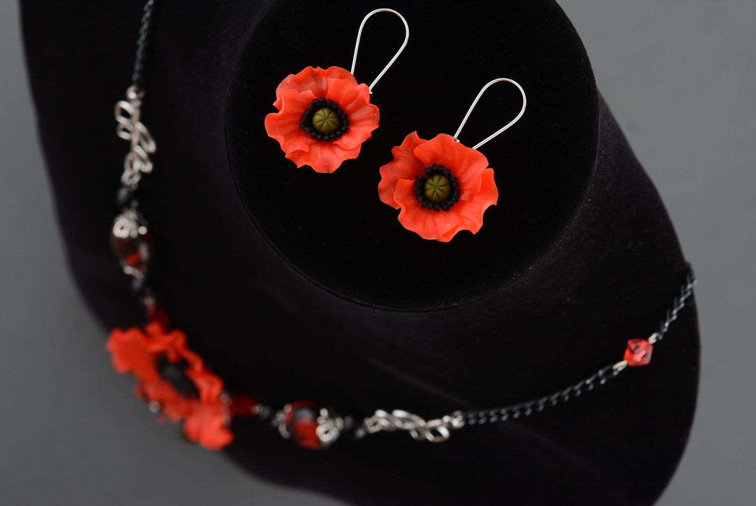 Set of polymer clay jewelry Poppies photo 3