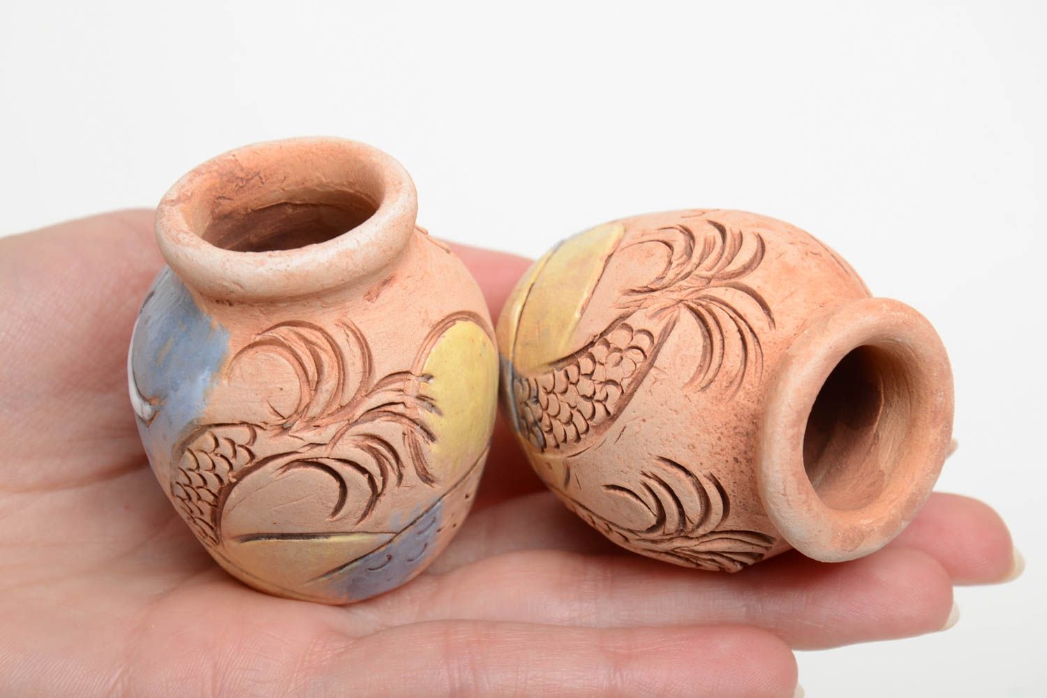 Декоративные кувшины ручной работы из глины расписные маленькие набор 2 шт фото 5