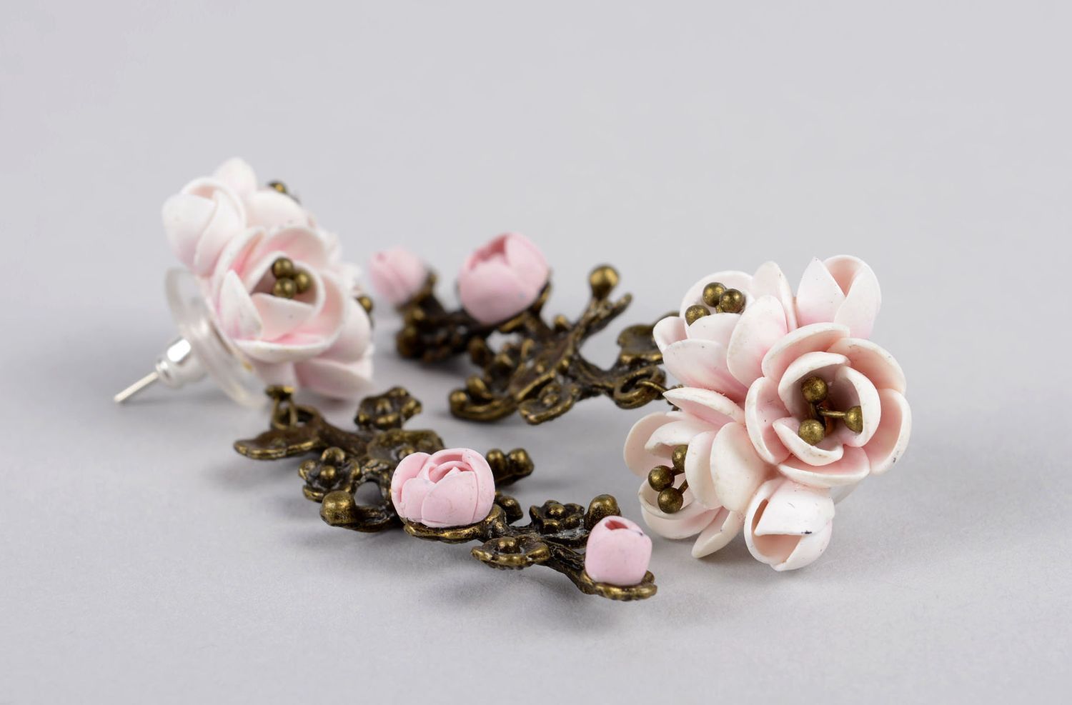 Handmade polymer clay earrings with charms delicate earrings with pink flowers photo 5