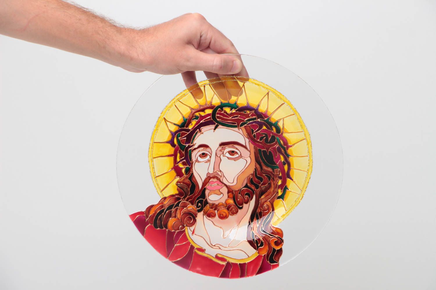Assiette décorative en verre peinte ronde avec icône religieuse faite main photo 5