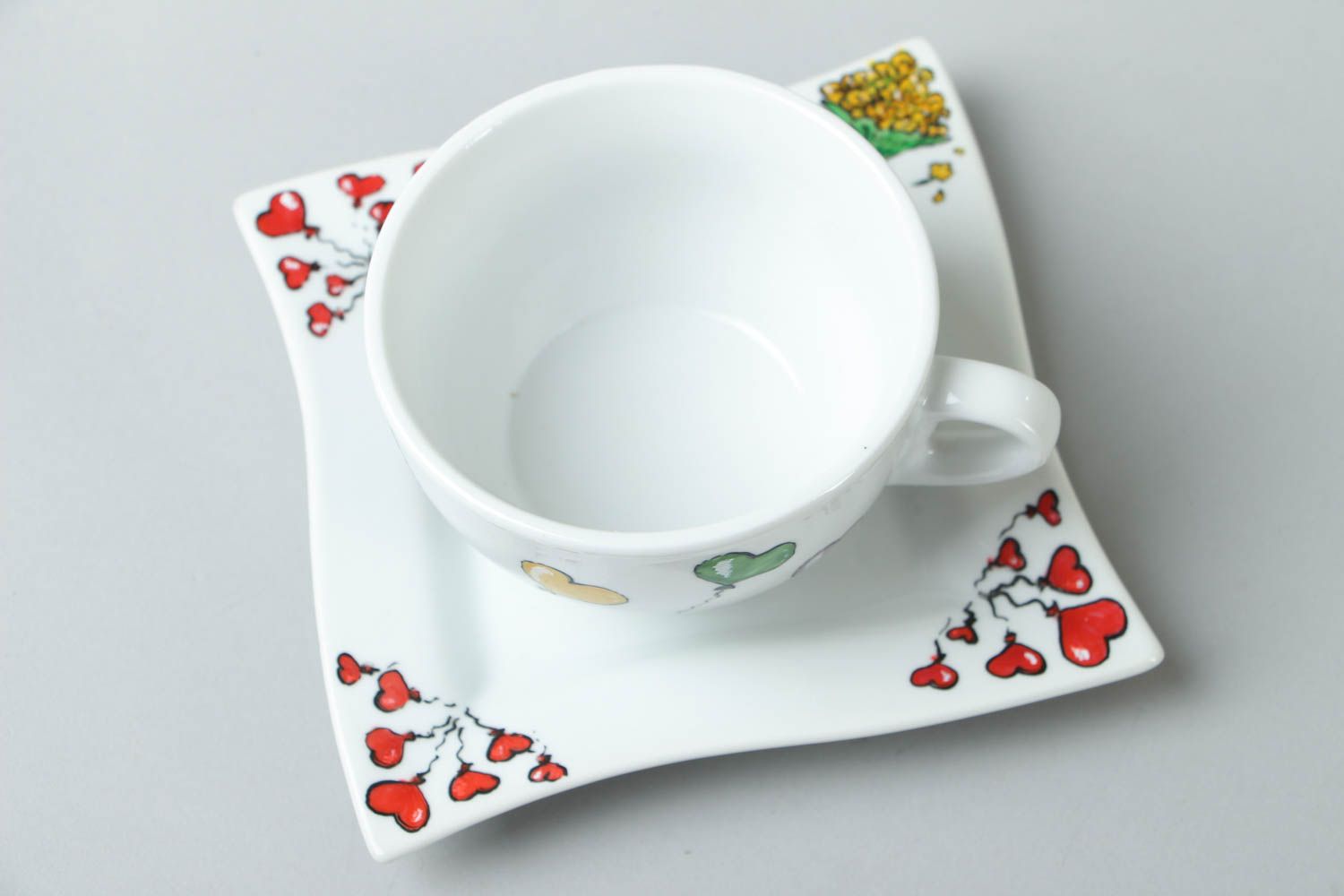 Porcelain handmade drinking cup for kids with handle, saucer, and funny teddy bears a pattern photo 2