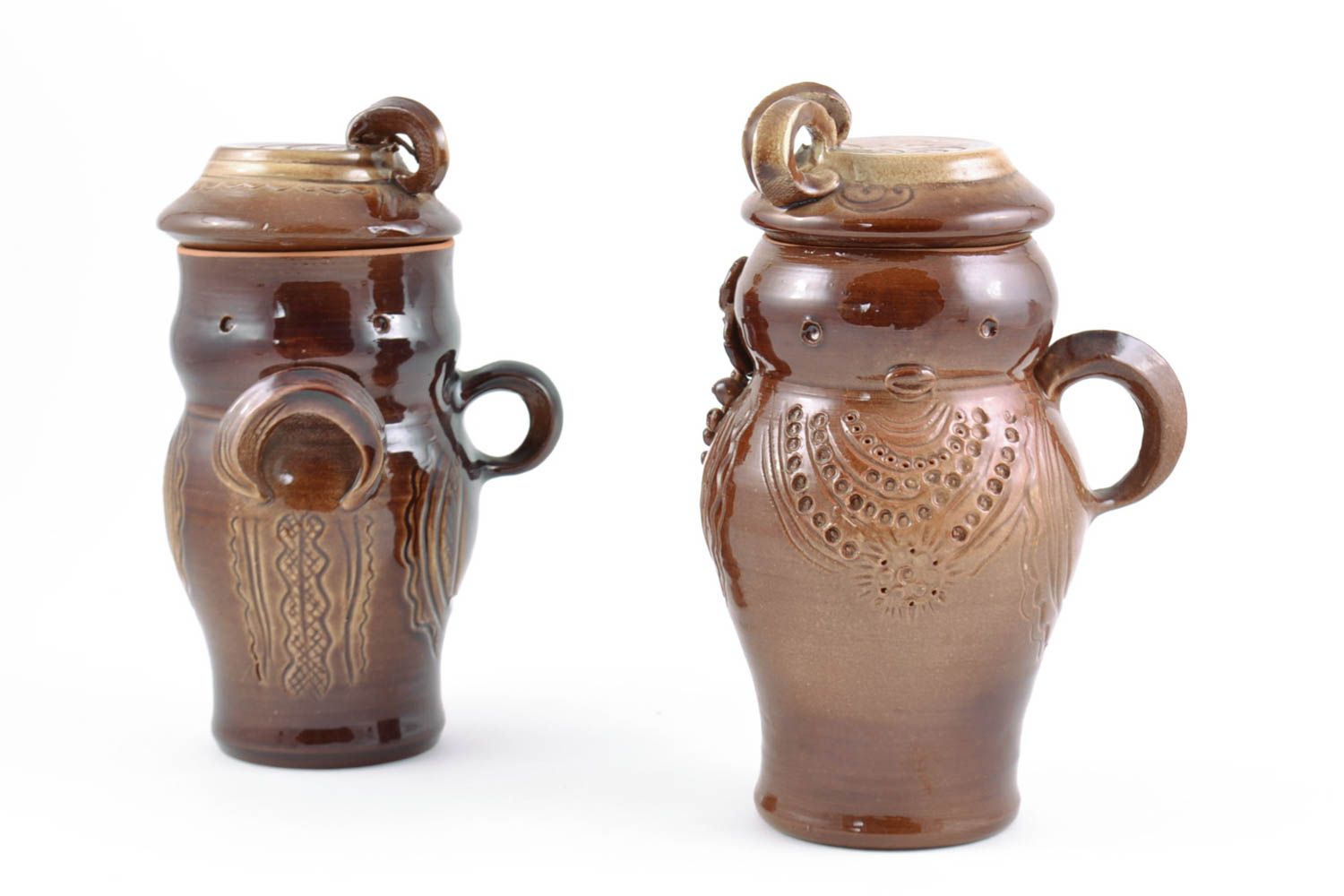 Set of 2 handmade decorative brown ceramic pots with lids coated with glaze photo 2