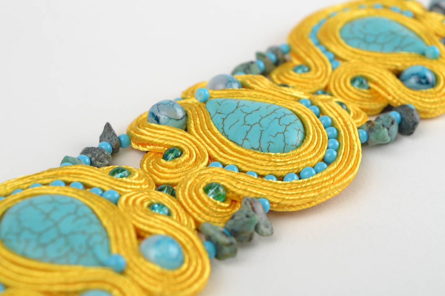Beautiful handmade designer soutache bracelet with natural turquoise stone photo 5