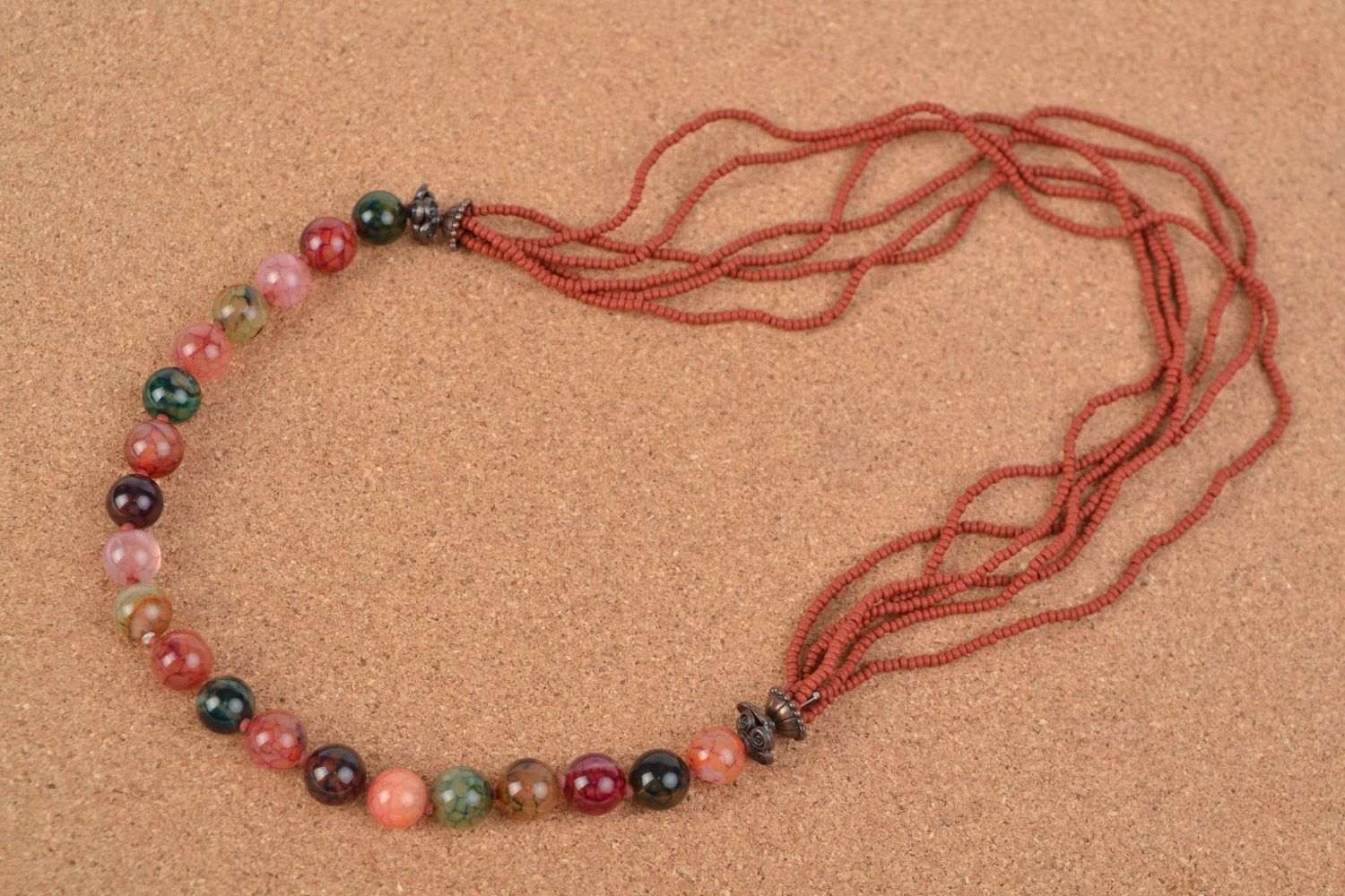 Multi-colored handmade necklace woven of natural stones and Czech beads photo 1