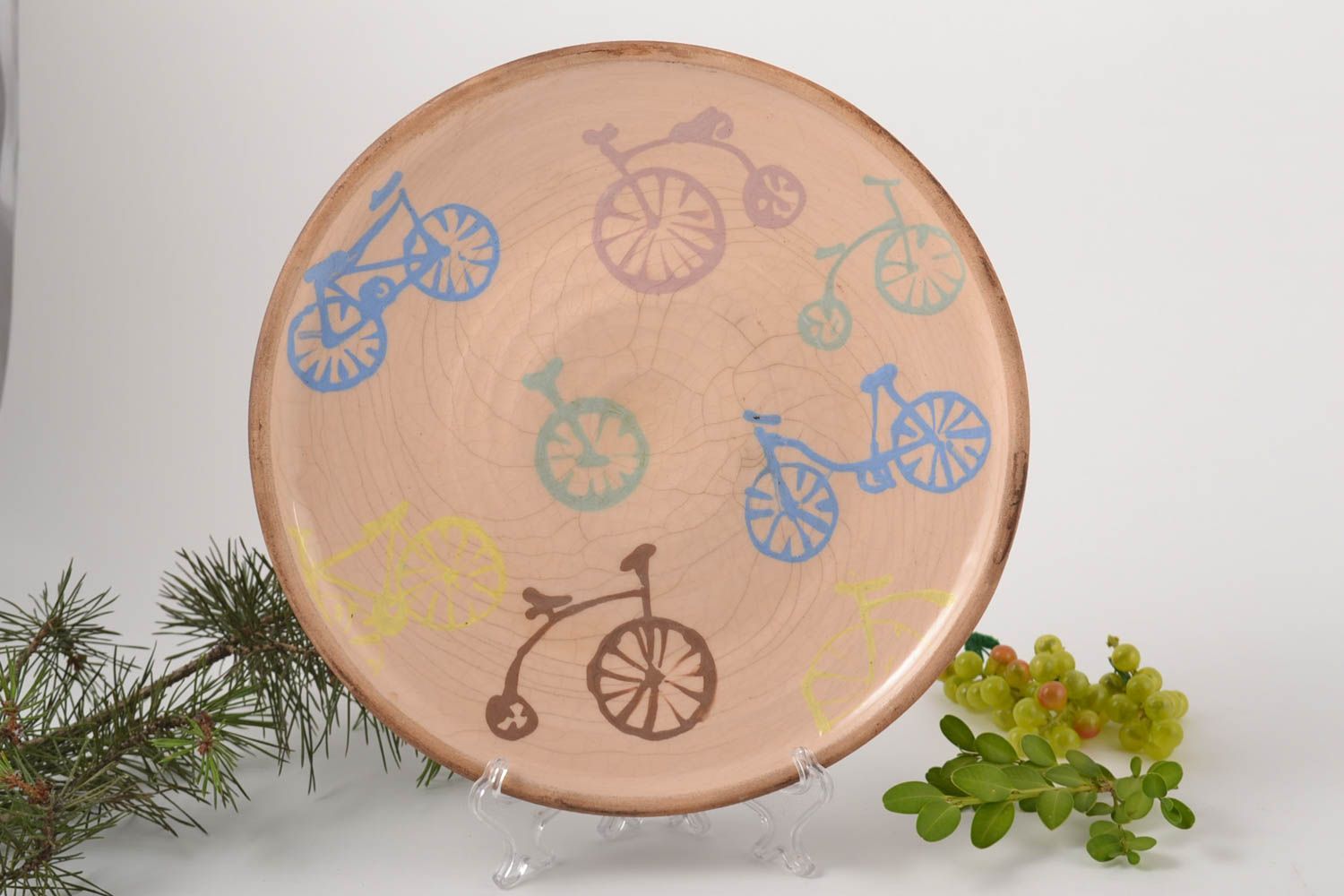 Керамическая тарелка ручной работы глиняная посуда расписная тарелка Велосипеды фото 1