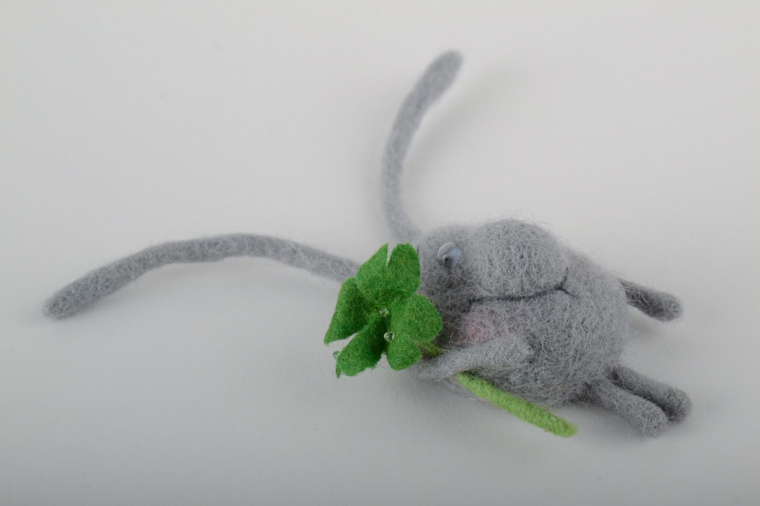 Handmade cute fridge magnet felted of natural wool gray creature with clover photo 4