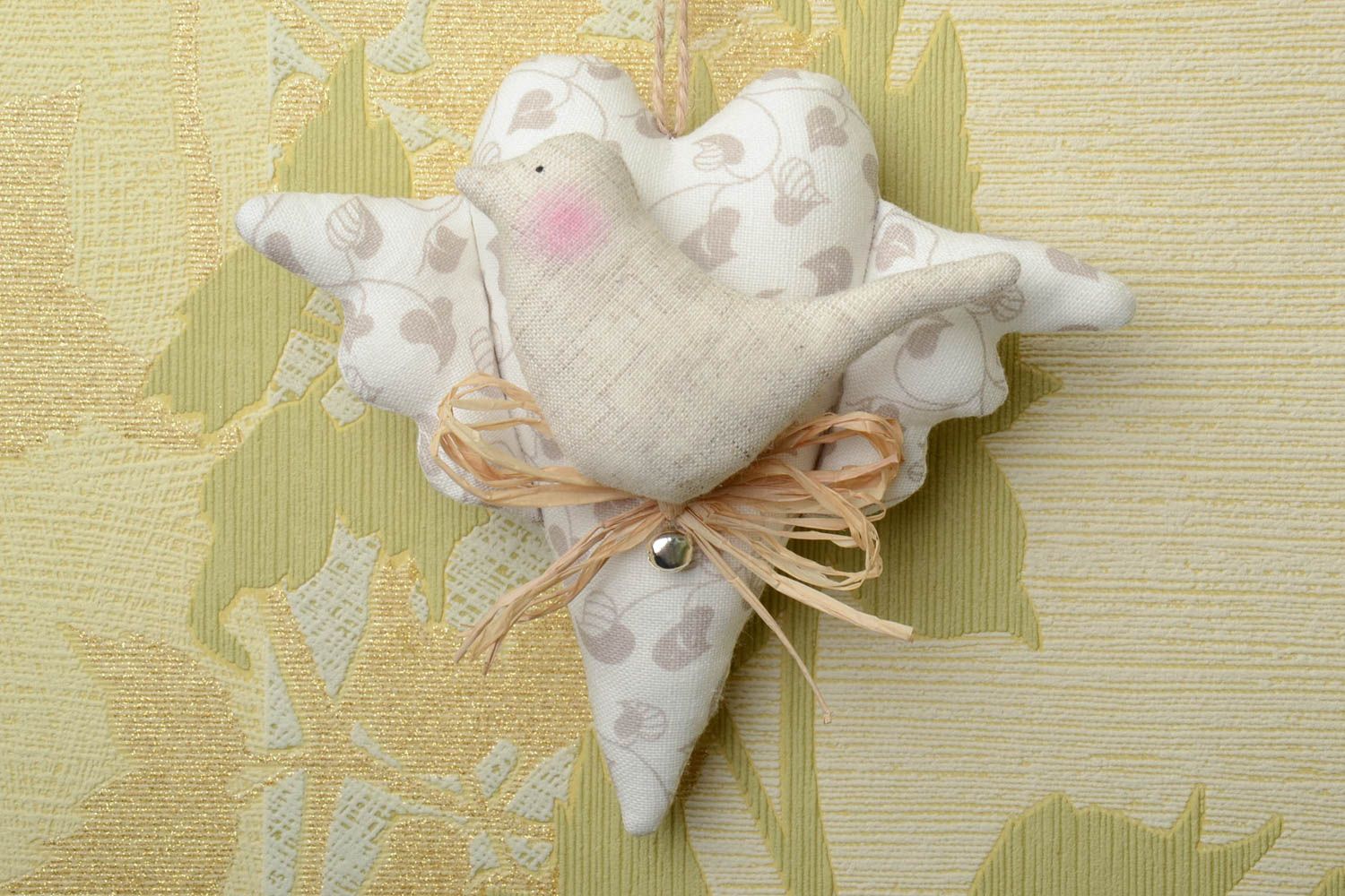 Handmade decorative light soft wall hanging sewn of natural fabrics heart and bird photo 1