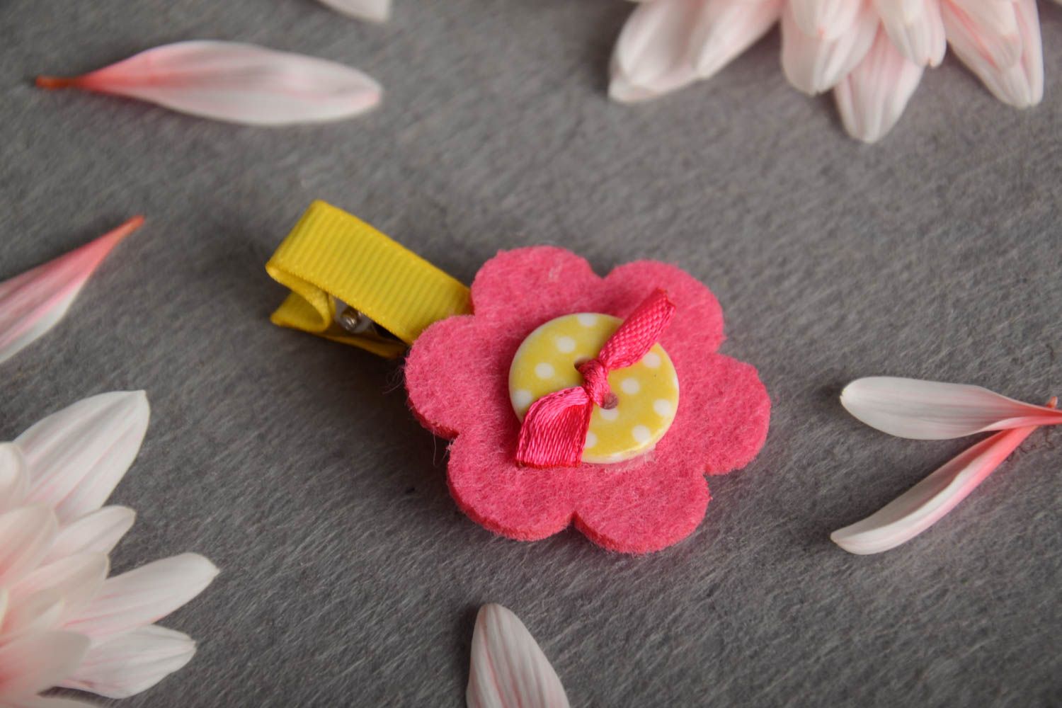 Pince à cheveux pour fillette fleur rose jaune belle en tissus faite main photo 1