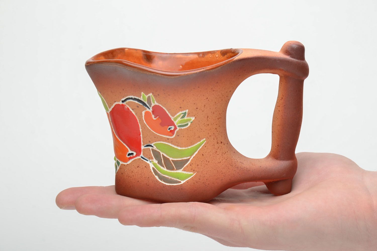 Clay glazed ceramic handmade coffee mug with handle and apple pattern 0,63 lb photo 5