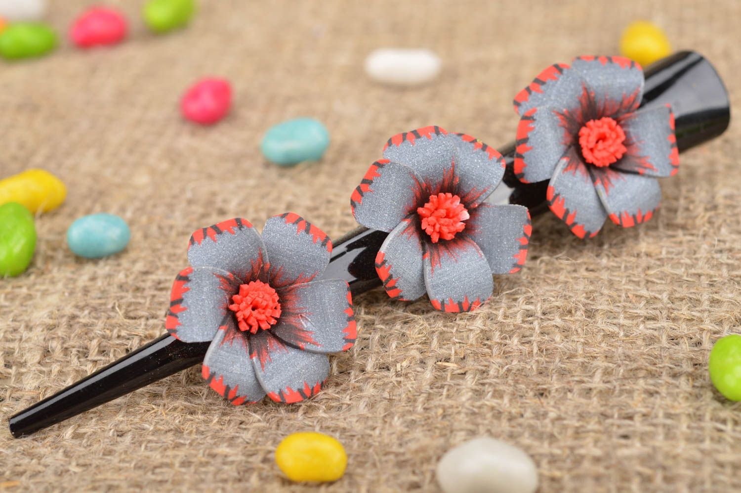Large stylish grey handmade hair clip with flowers made of polymer clay  photo 1