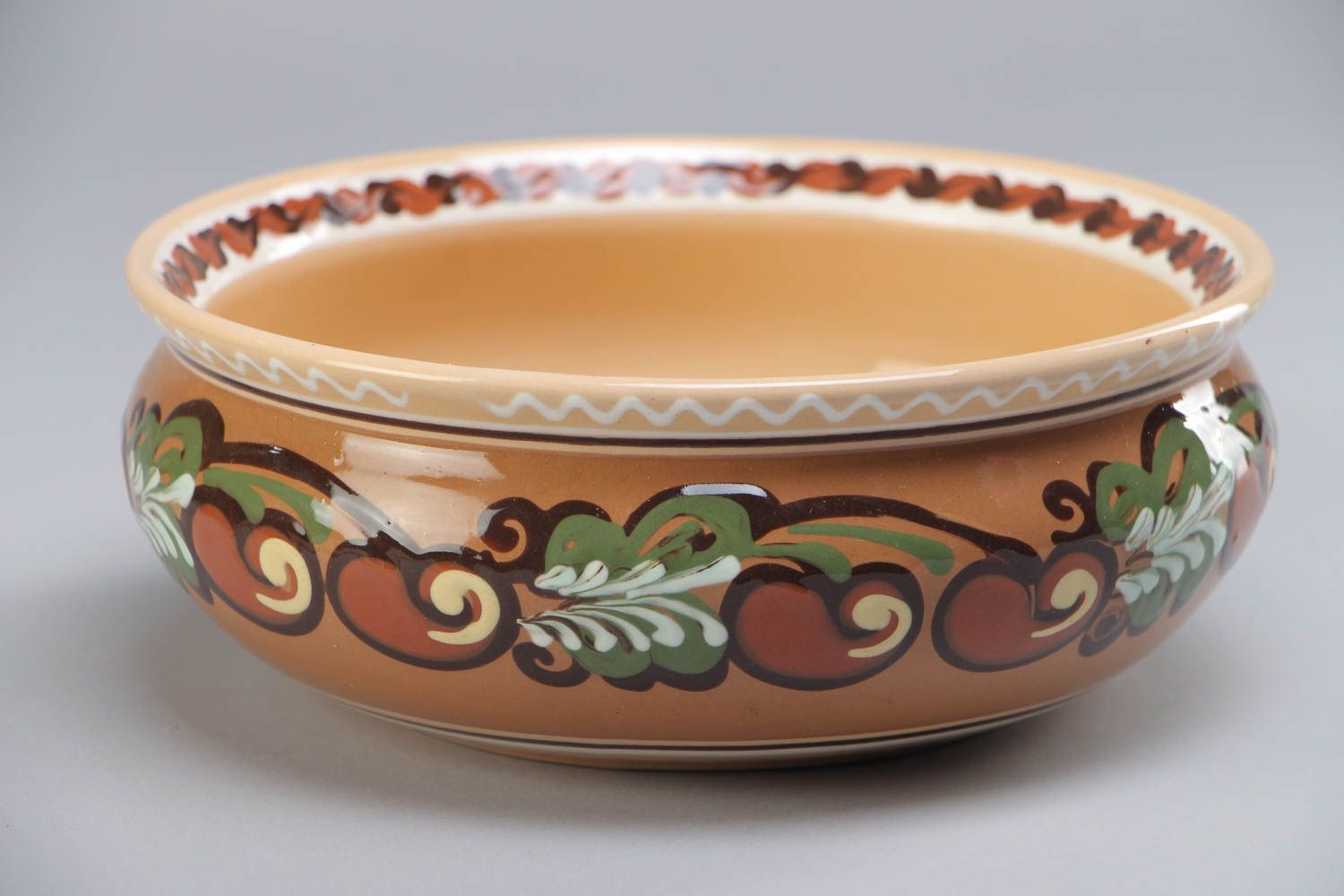 Handmade decorative ceramic bowl with ornaments painted with glaze for 1 l photo 2