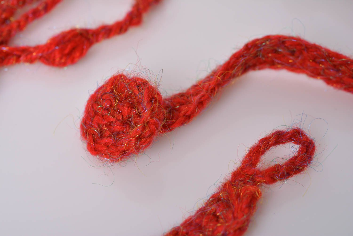 Handmade designer bright red crocheted semi woolen multi row bead necklace photo 5