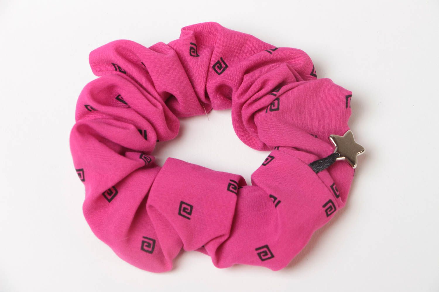 Handmade decorative bright pink fabric elastic hair tie with small charm star  photo 2