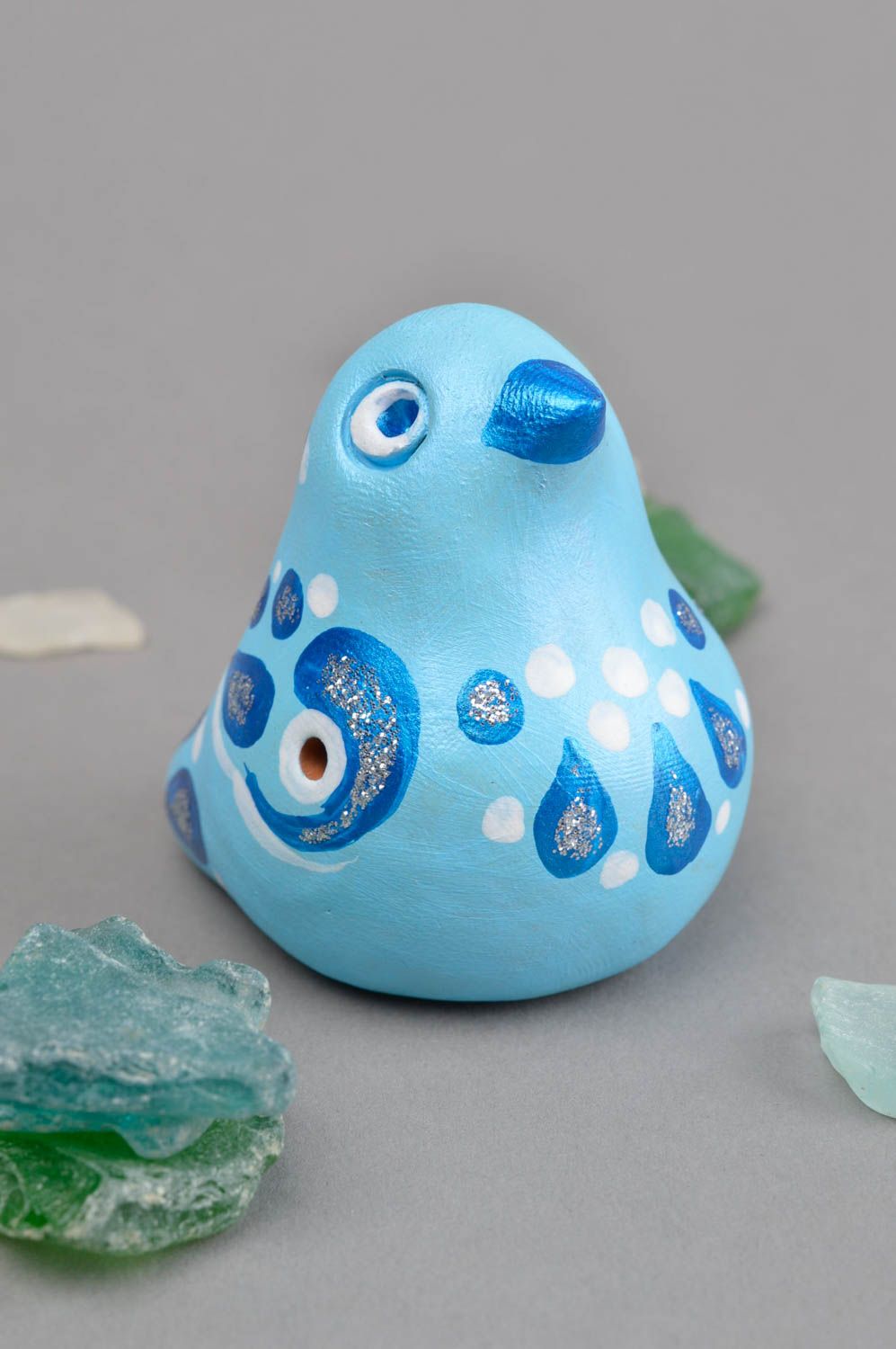 Sifflet jouet fait main Instrument de musique Figurine oiseau bleu terre cuite photo 1