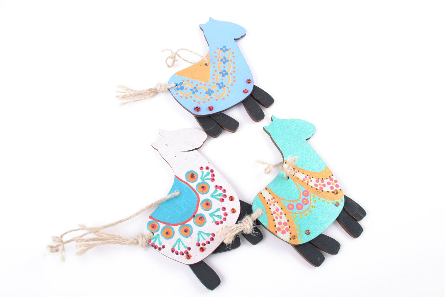 Set of 3 handmade funny wooden interior wall hanging decorations colorful horses photo 4