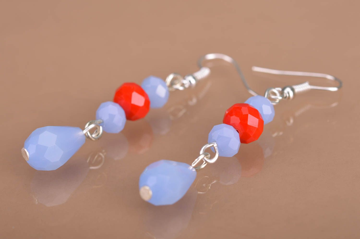 Handmade long dangle earrings with red and blue beads and crystals for women photo 5