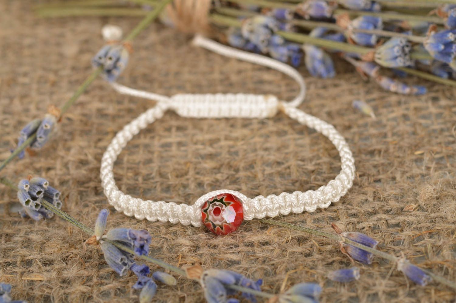 Handmade strand adjustable friendship bracelet braided beige string bracelet with one red bead photo 1