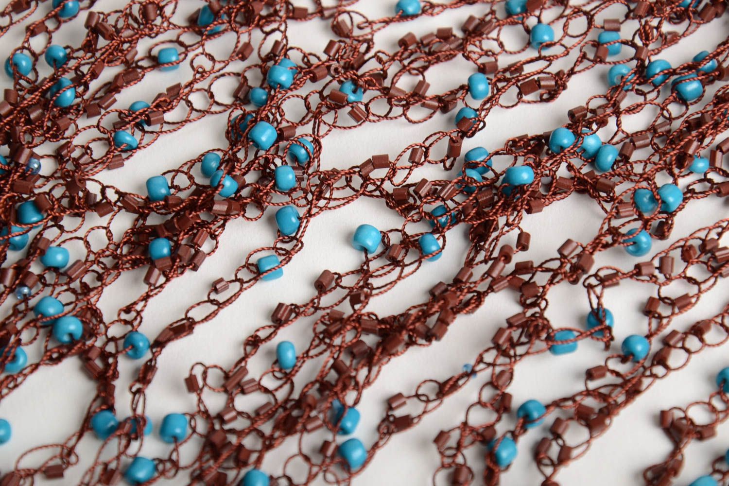 Handmade designer volume airy multi row beaded crocheted necklace blue and brown photo 5