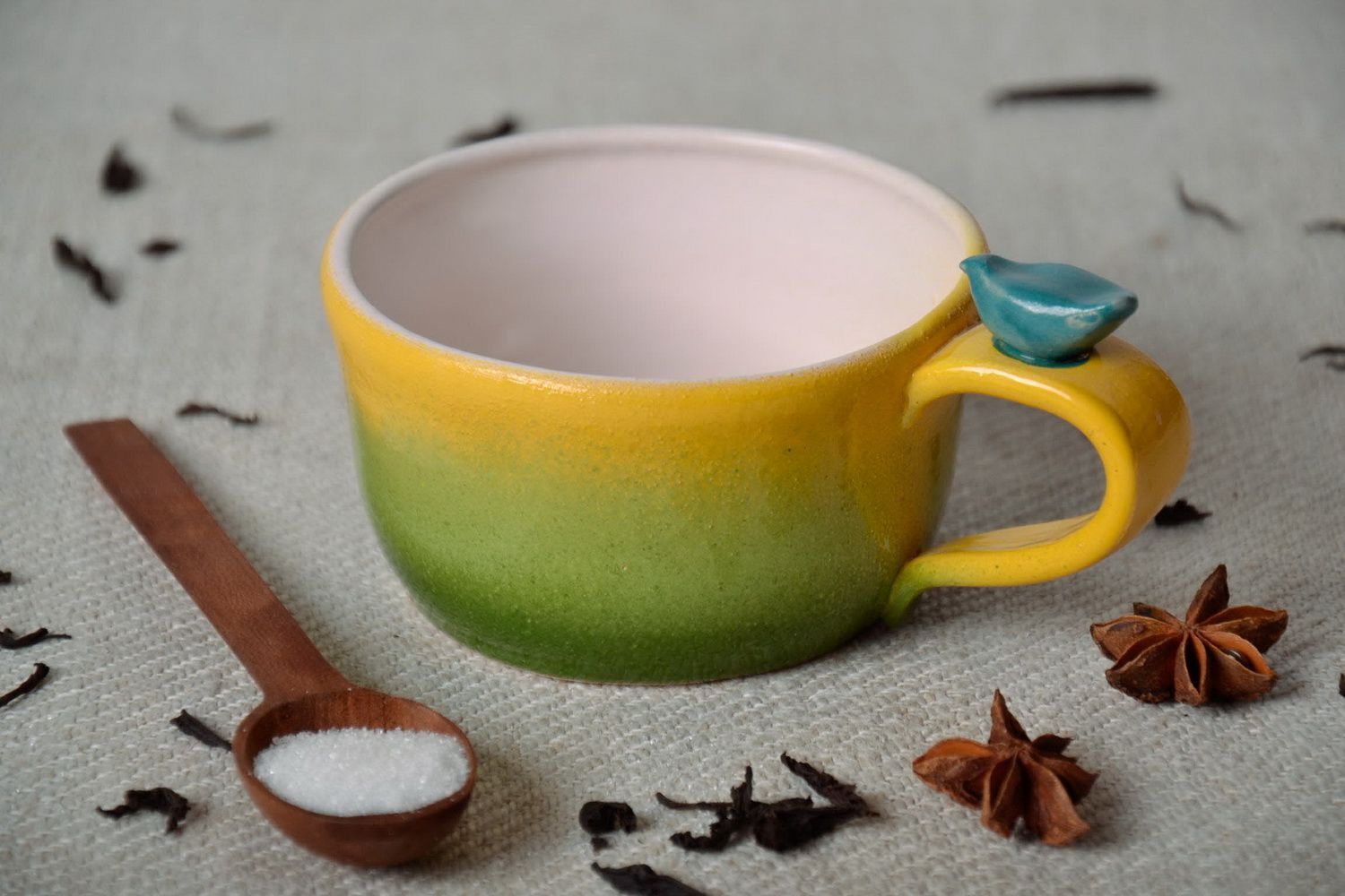 Porcelain 5 oz tea cup in yellow, lime, green, and white colors photo 1
