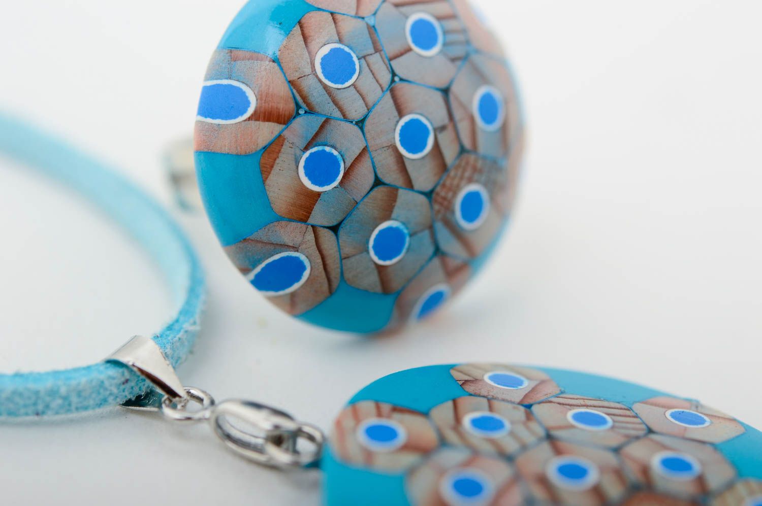 Blue unusual jewelry set handmade designer accessories feminine pendant and ring photo 5