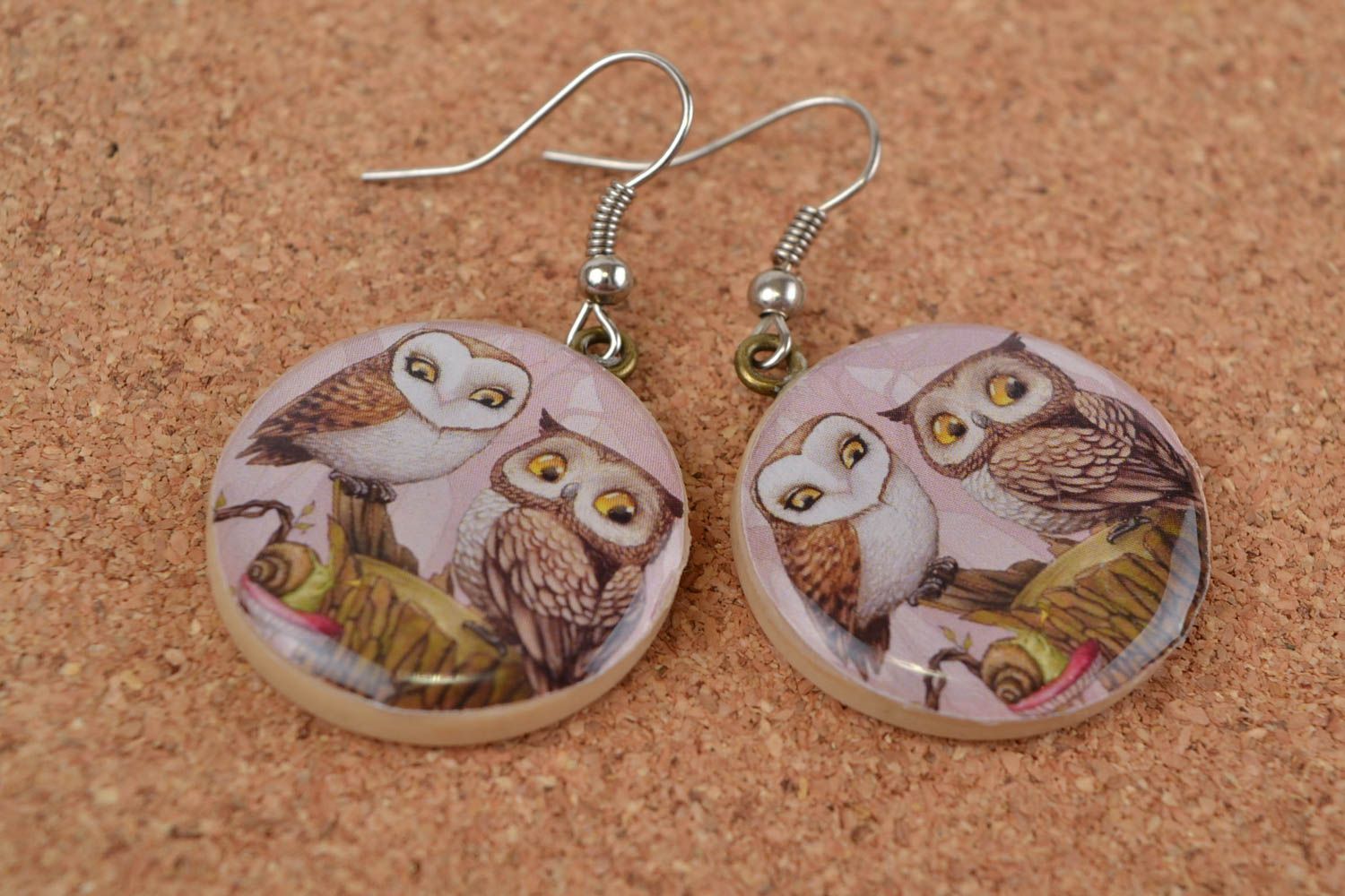 Beautiful handmade round polymer clay earrings with decoupage owls photo 1