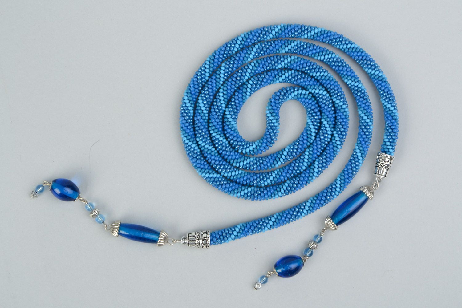 Handmade lariat blue beaded necklace made of Czech glass photo 3