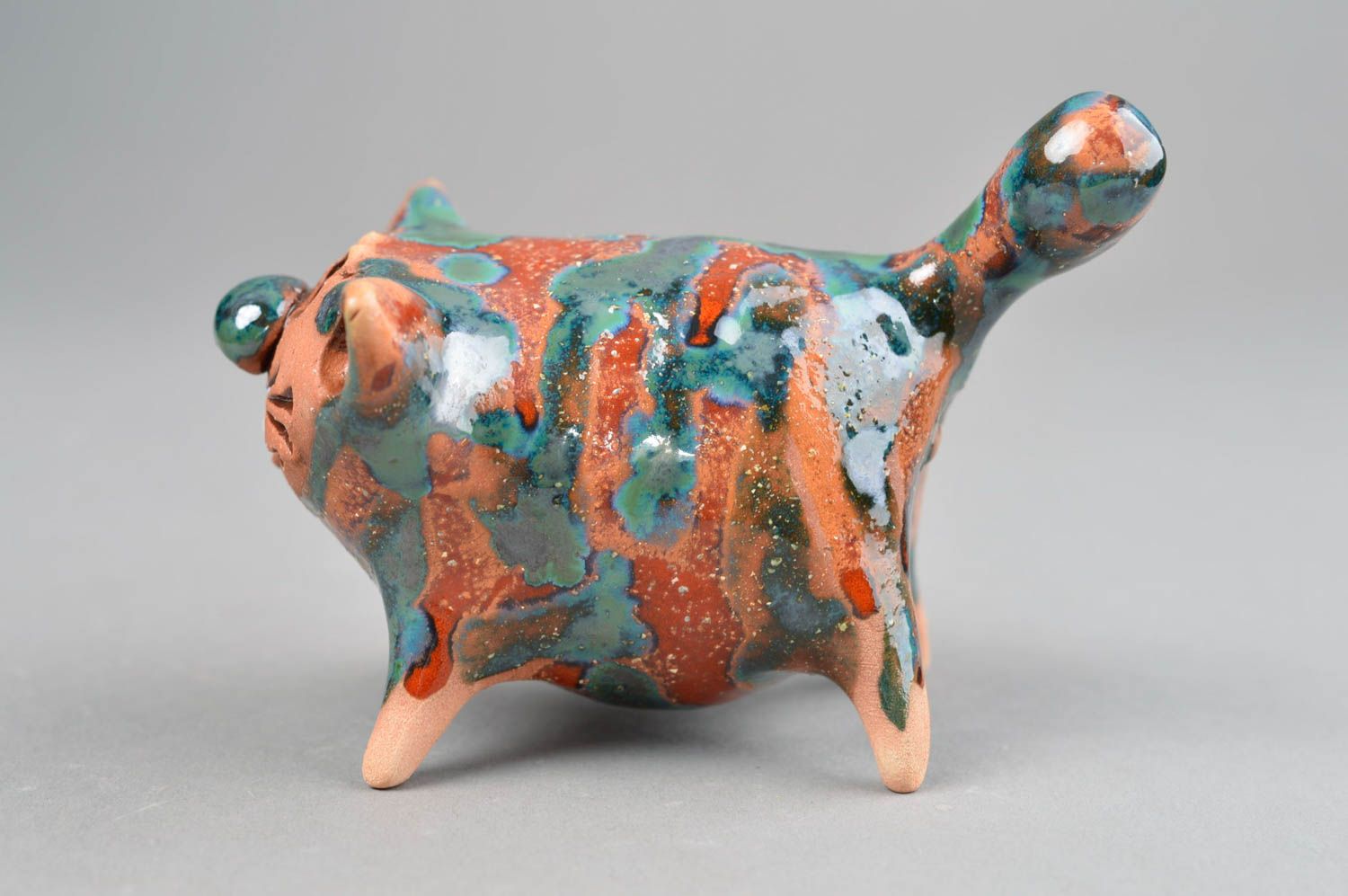 Figurine céramique peinte de glaçure colorée faite main Gros chaton rayé photo 2