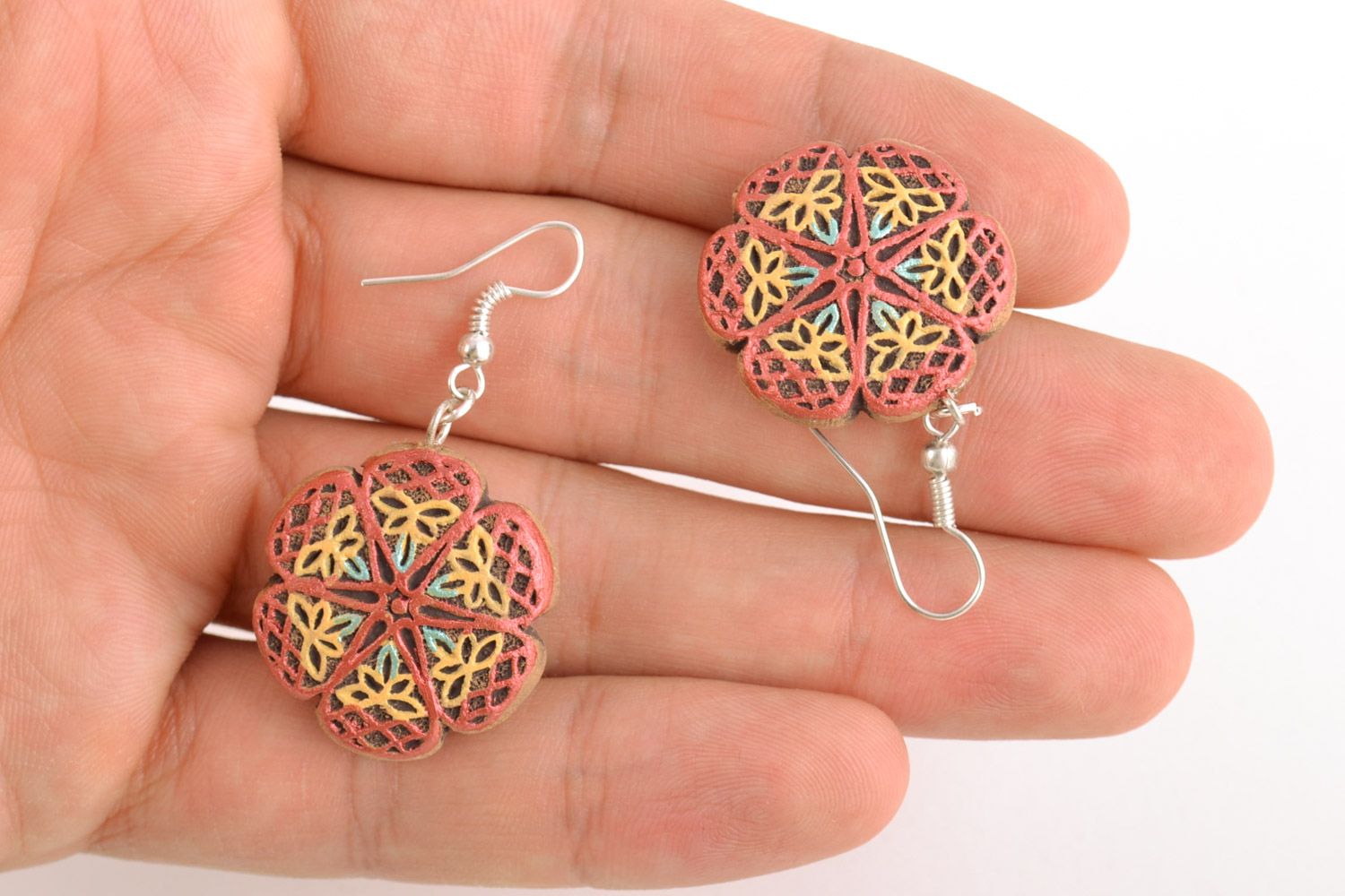 Handmade bright painted ceramic dangling earrings in the shape of flowers photo 2