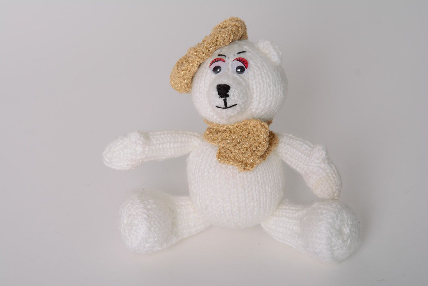 Handmade soft knitted toy polar bear in hat and scarf for kids photo 5
