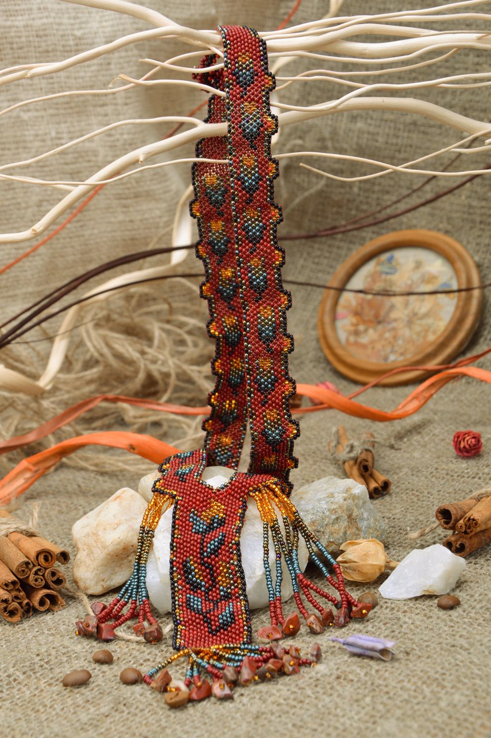 Handmade dark long flower gerdan necklace woven of Czech beads photo 1