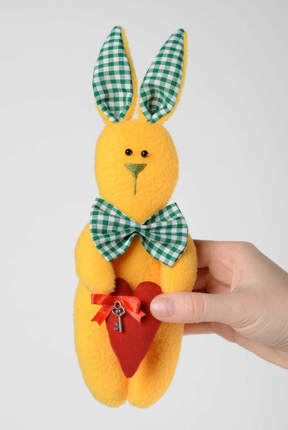 Handmade cotton and fleece fabric soft toy yellow rabbit with green checkered bow photo 5