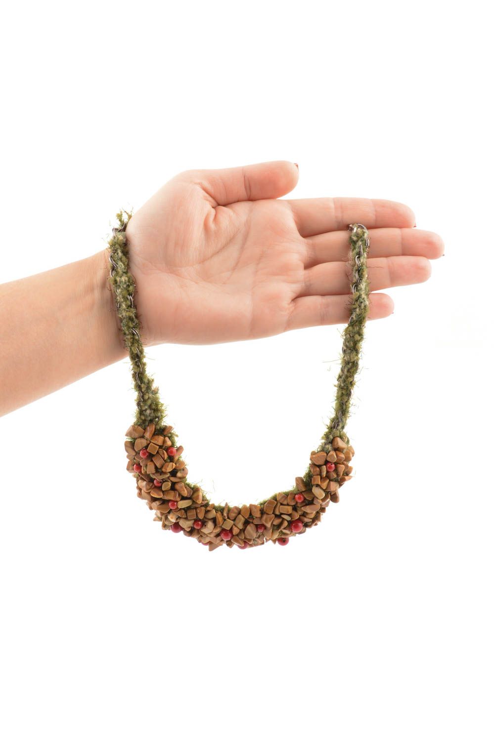 Handmade beads long beads with natural stones design textile necklace with beads photo 5