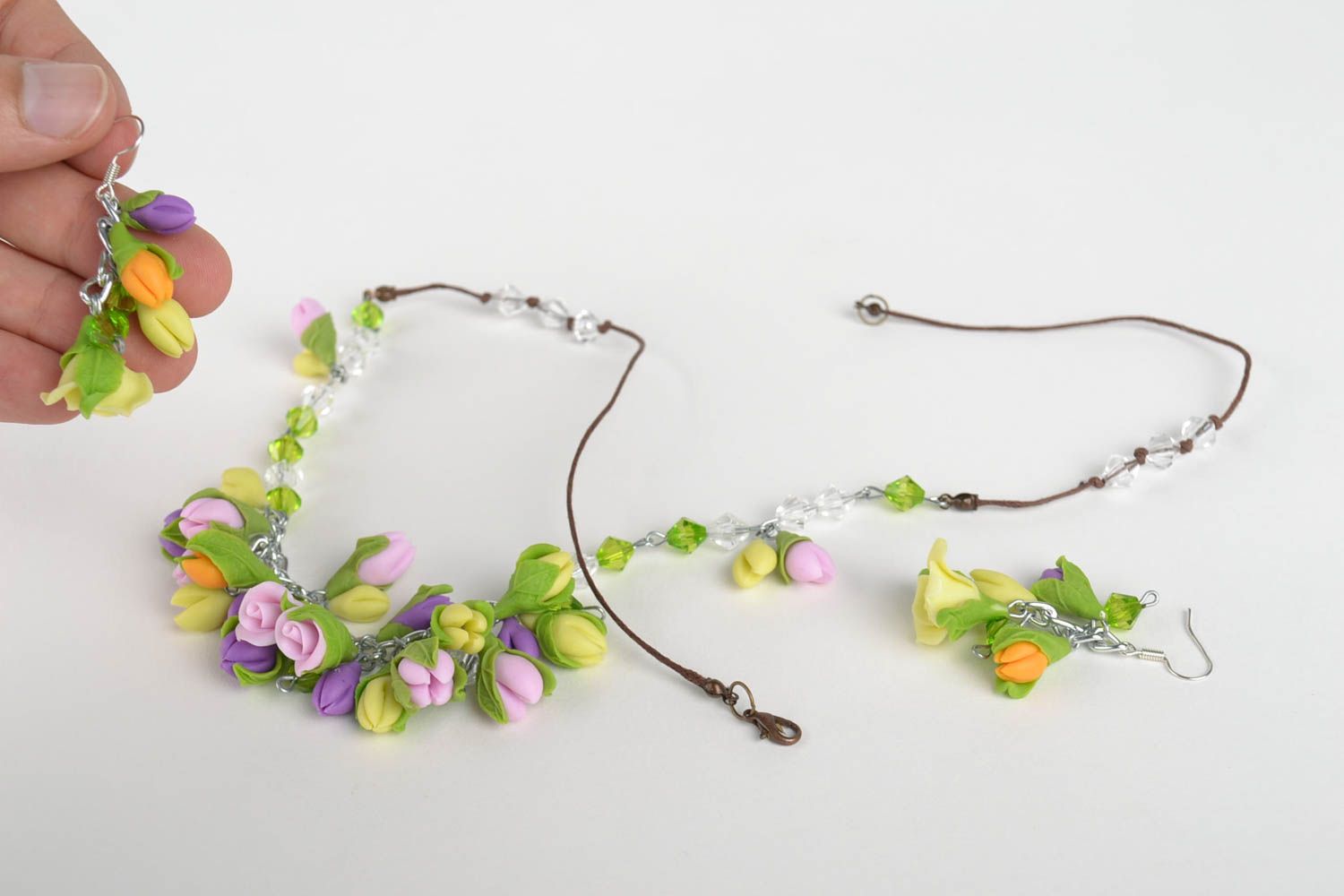 Handmade earrings and necklace with flowers designer floral bijouterie set photo 5
