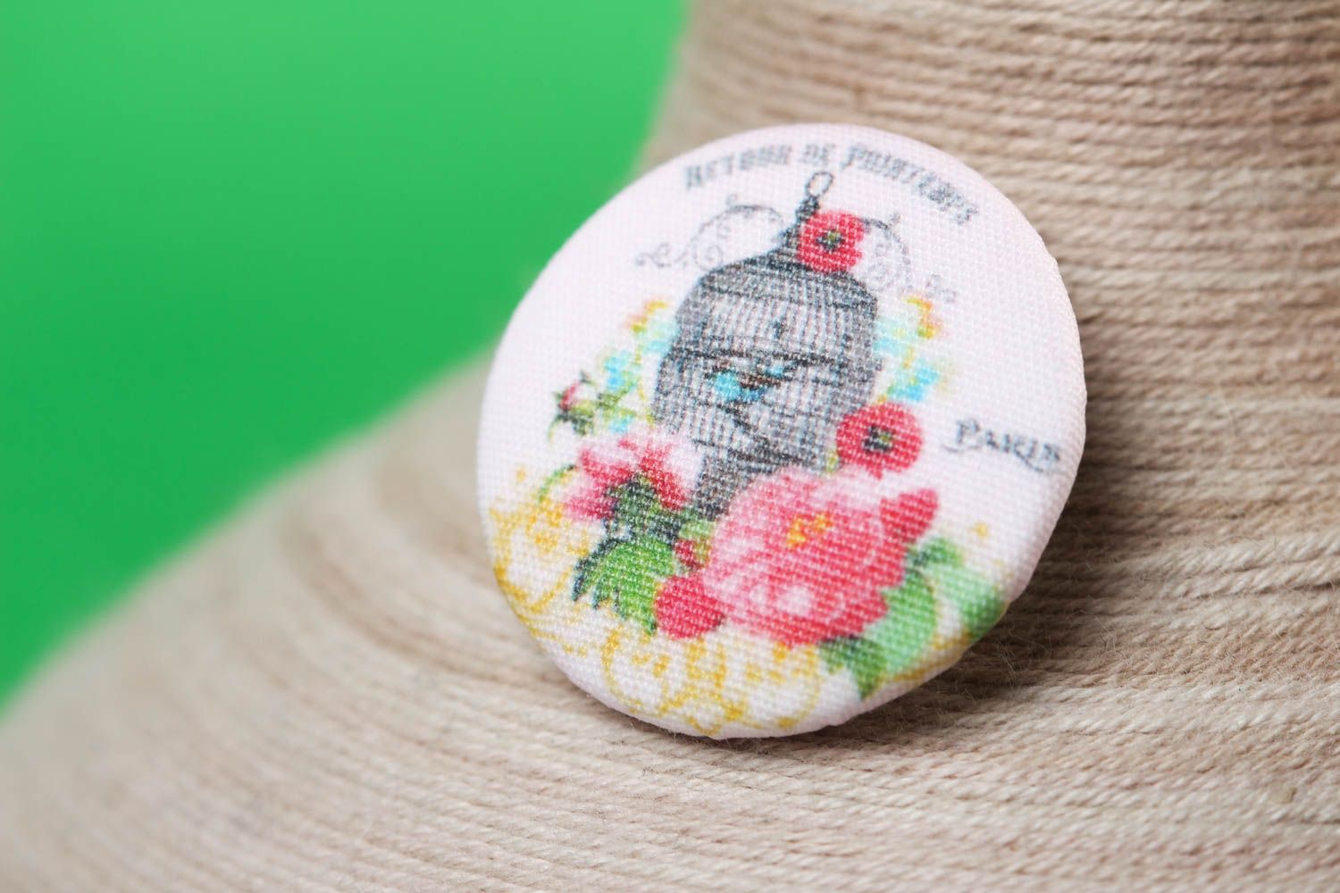 Beautiful handmade fabric button with print needlework supplies art materials photo 1