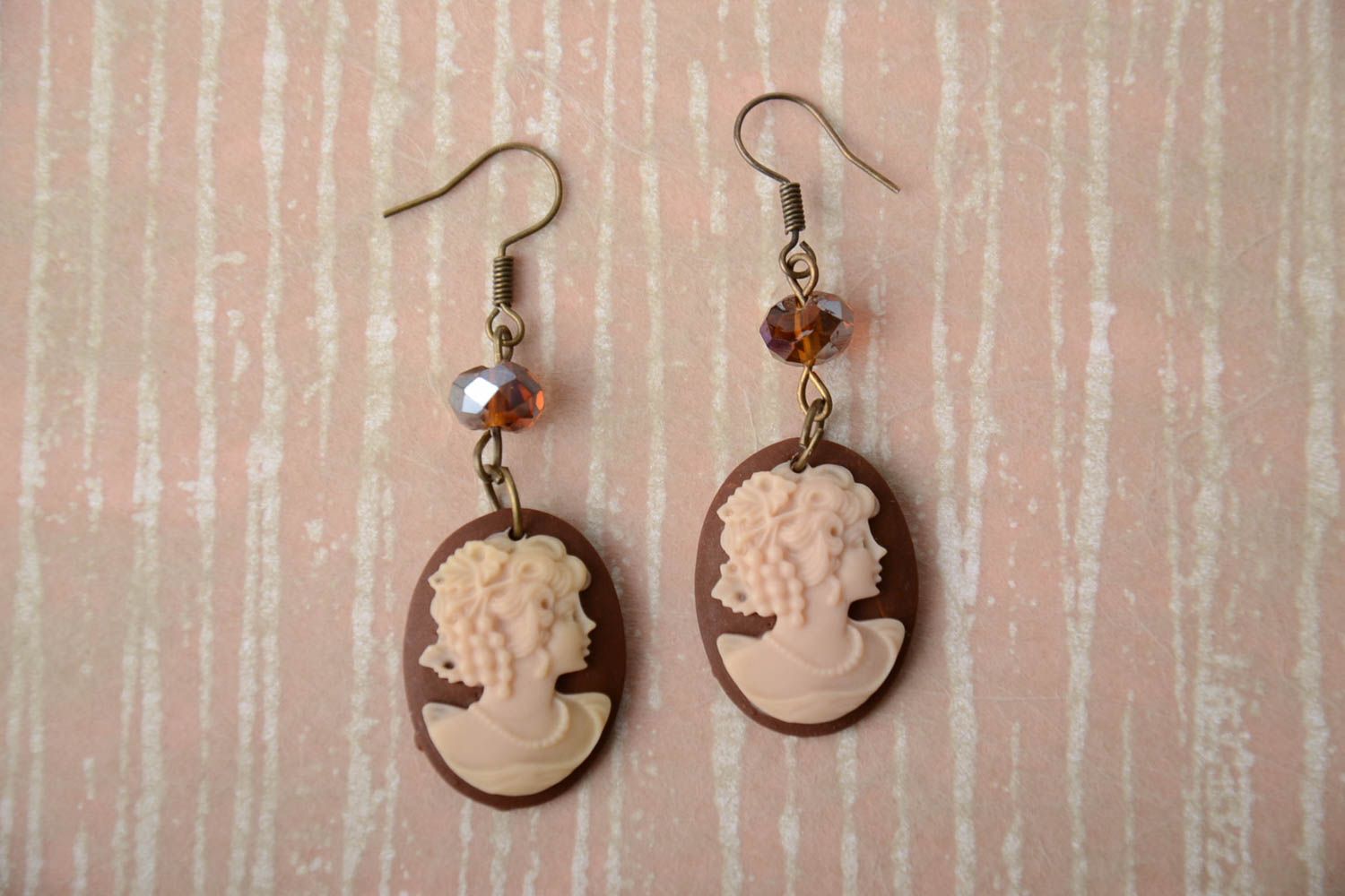 Handmade oval cameo polymer clay dangling earrings in light color palette photo 1