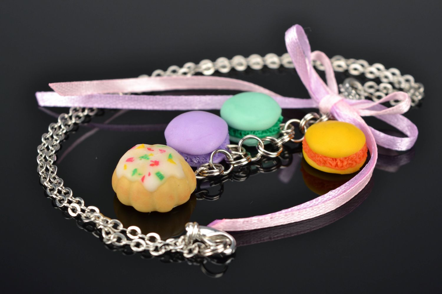 Polymer clay pendant with satin ribbons on metal chain photo 1