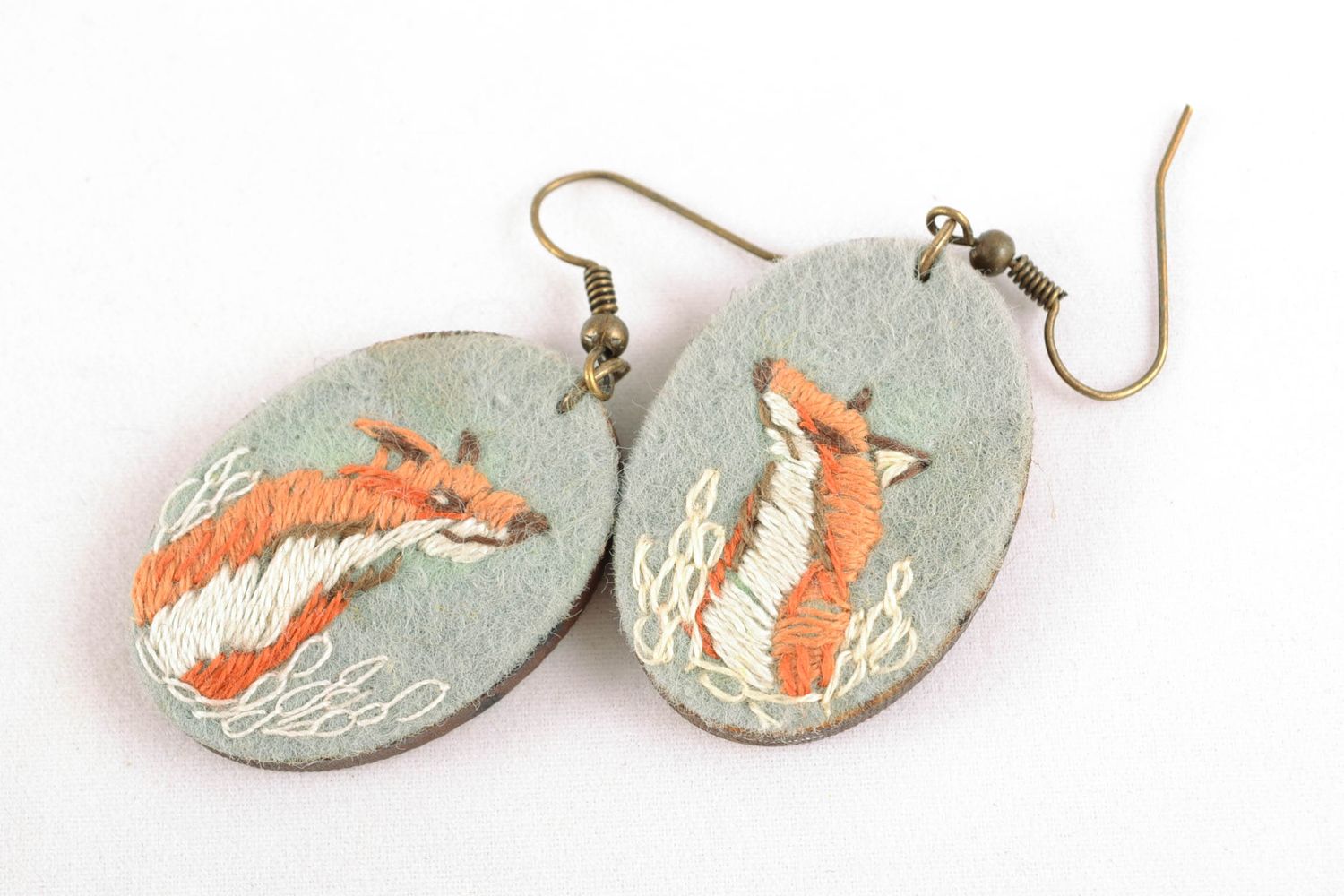 Wooden earrings with satin stitch embroidery Foxes photo 3