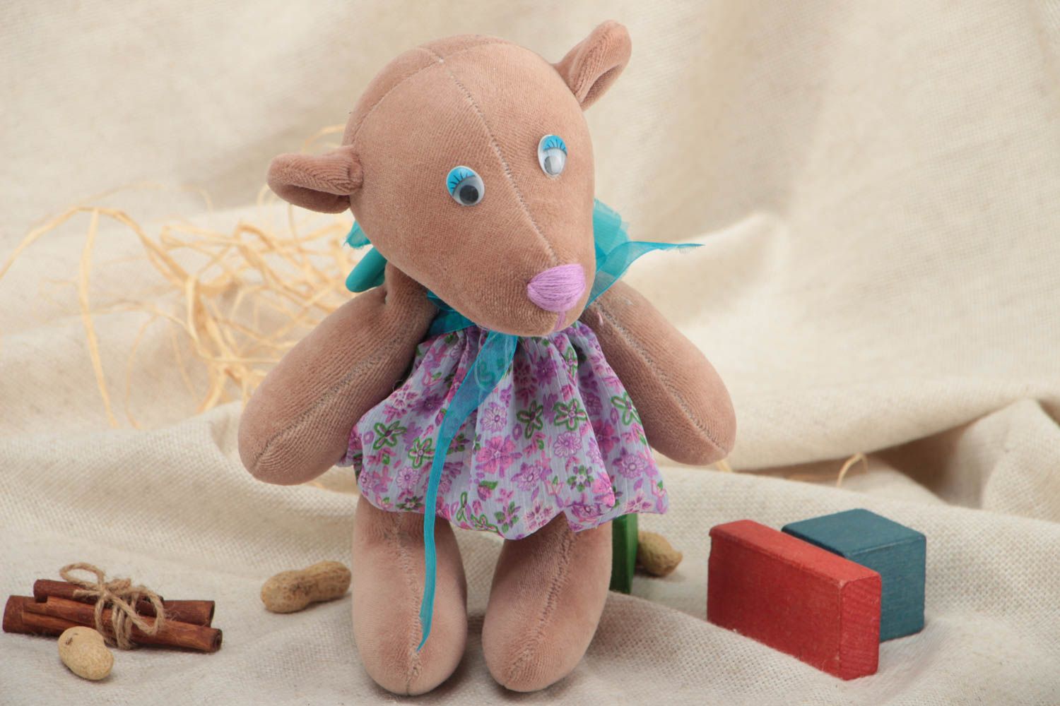 Handmade decorative toy small teddy bear in dress beautiful interior element photo 1