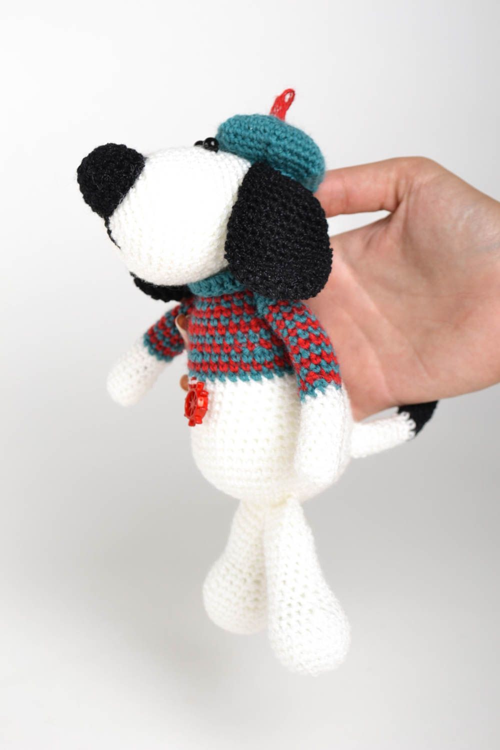 Peluche chien en béret Jouet fait main tricoté original Cadeau pour enfant photo 2