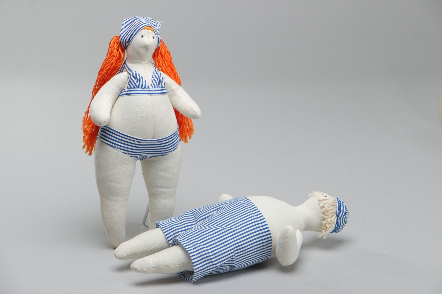 Set of 2 beautiful handmade soft dolls sewn of fabrics Couple of Beach Goers photo 3