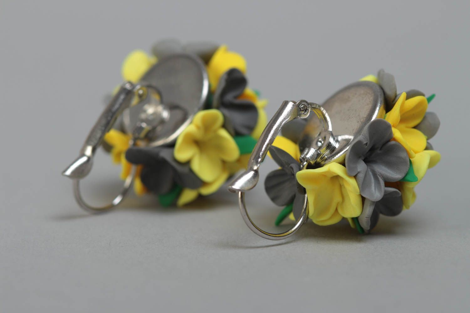 Flower earrings made of polymer clay handmade yellow and gray summer accessory photo 4