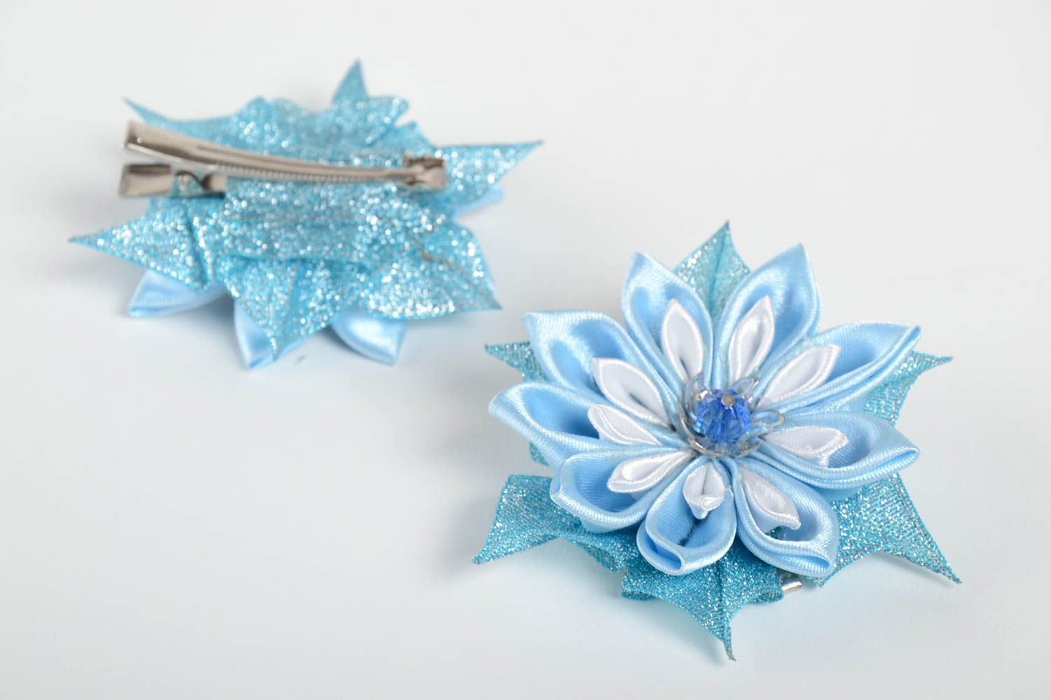 Barrettes fleurs fait main Accessoire coiffure bleue Cadeau pour fille 2 pièces photo 2