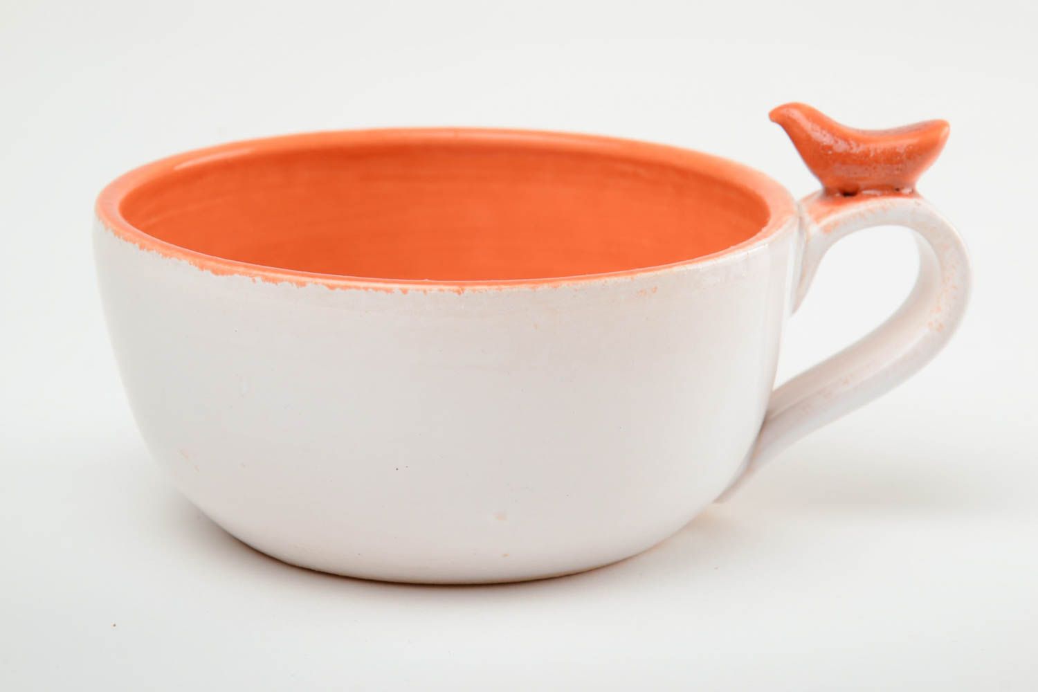 Handgemachte glasierte Tasse aus Ton mit Vogel weiß orange 200 ml foto 3