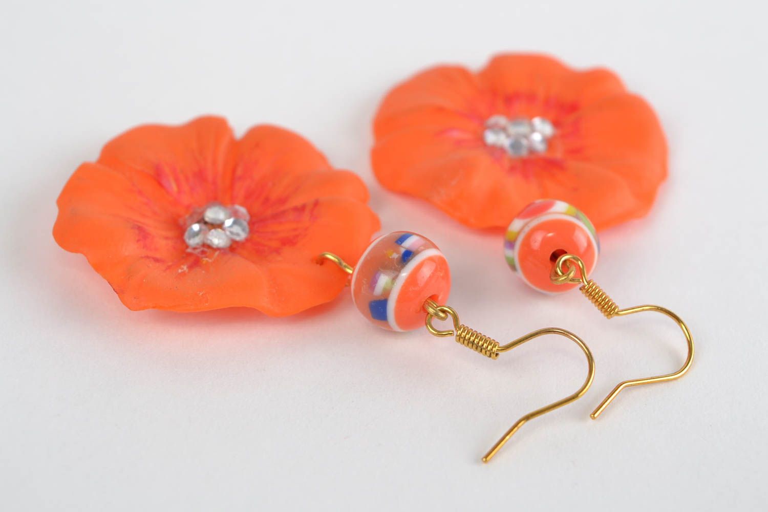 Bright orange handmade long polymer clay flower earrings photo 4