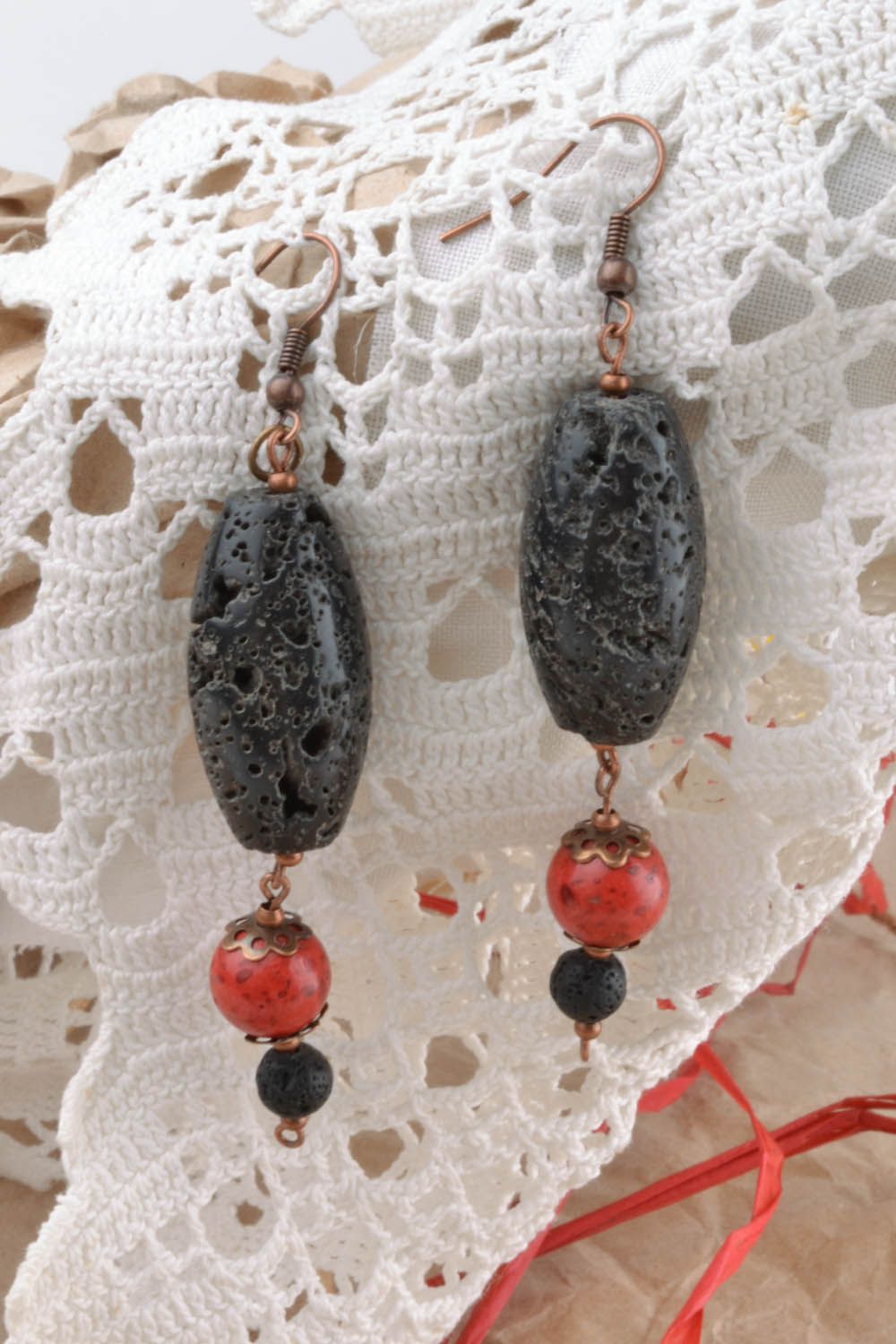 Pendant earrings with schungite and coral stones photo 5