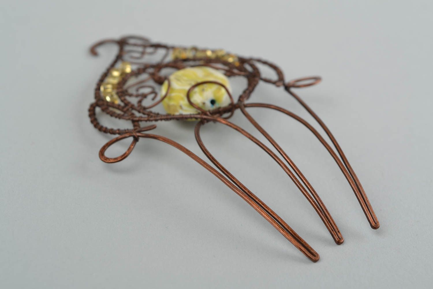 Handmade wire wrap hair comb with polymer clay bead designer accessory photo 3